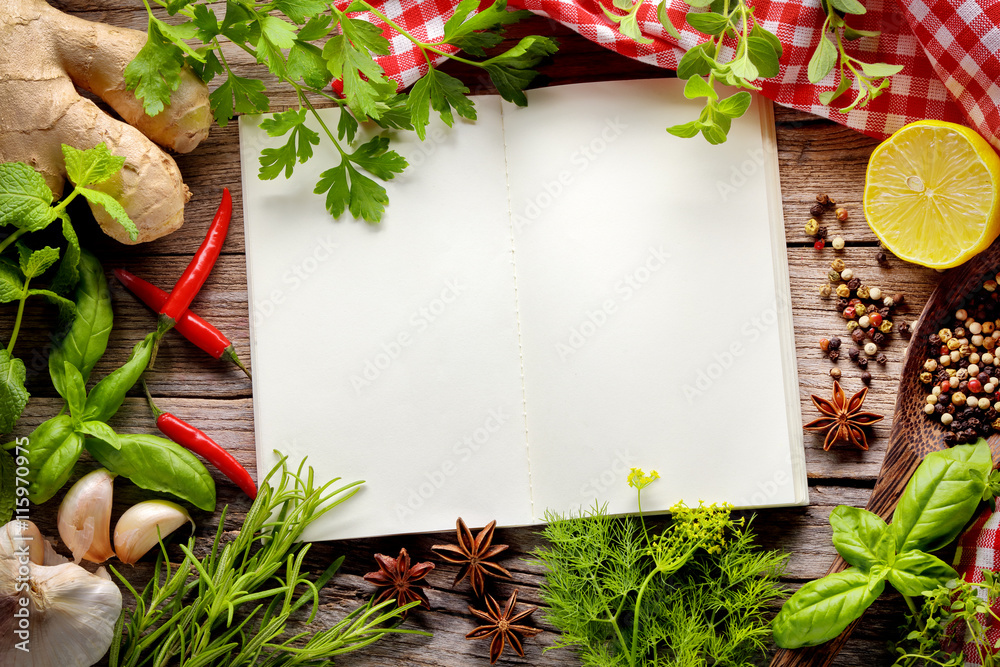 herbs and spice on wooden table