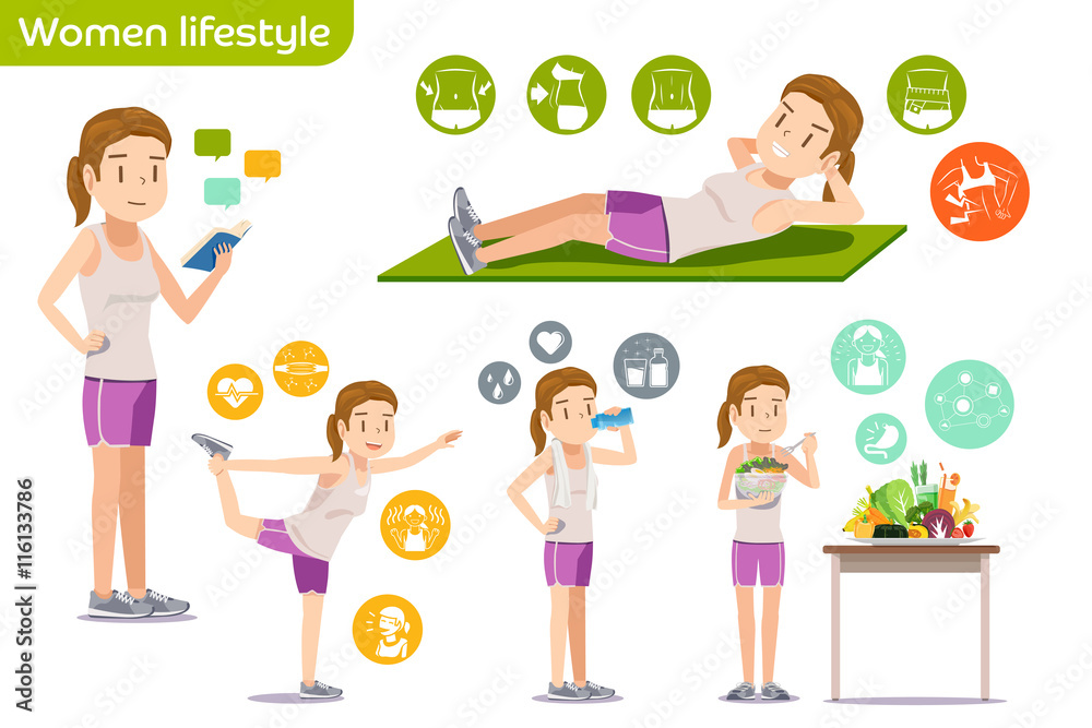 Health of young people. Study guide exercises by yourself. Illustrations basic lifestyle with icons.