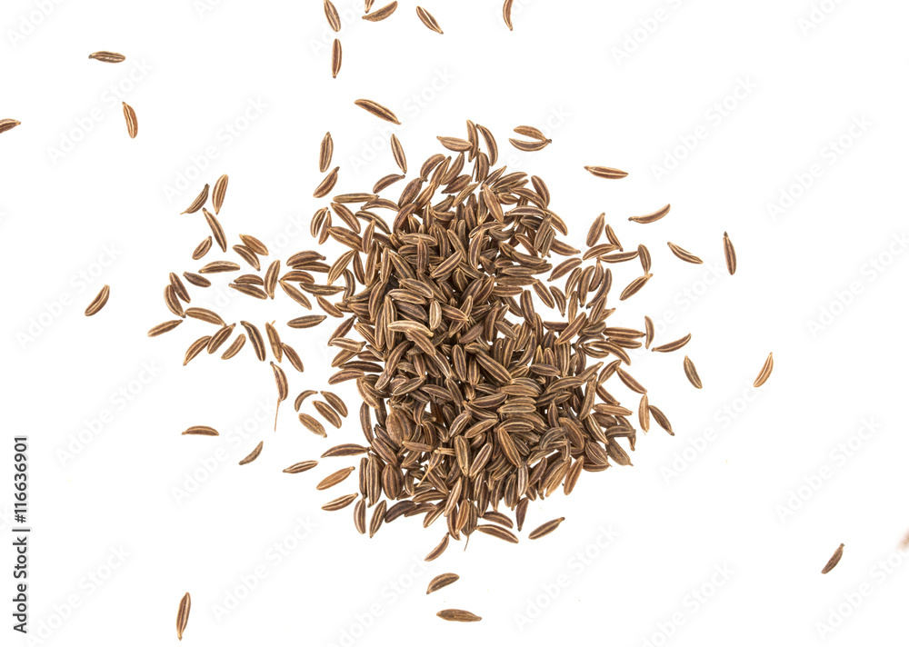 Cumin seeds or caraway isolated on white background