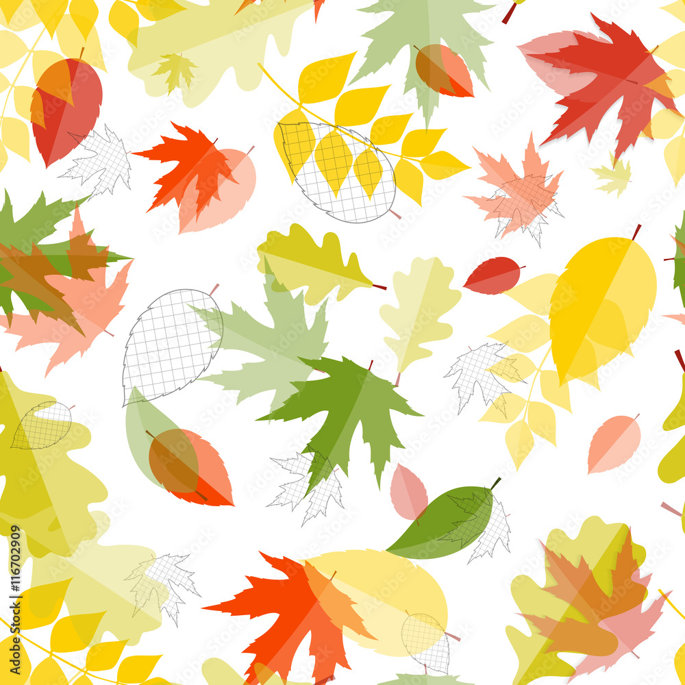 Shiny Autumn Natural Leaves Seamless Pattern Background. Vector 