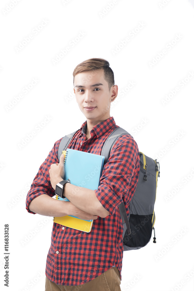 Happy male student smiling - isolated over a white background