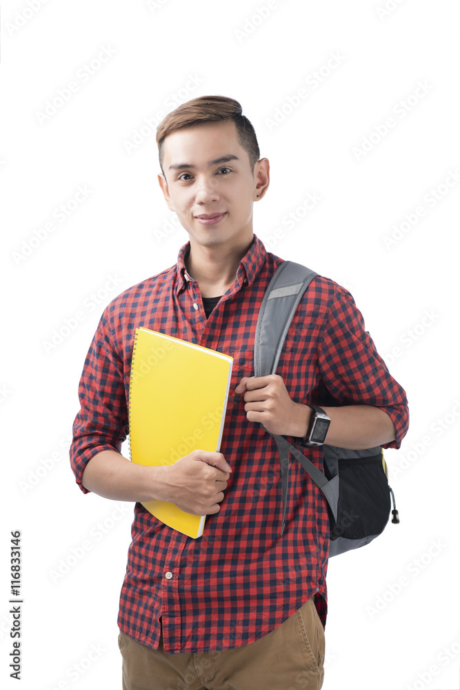 Happy male student smiling - isolated over a white background