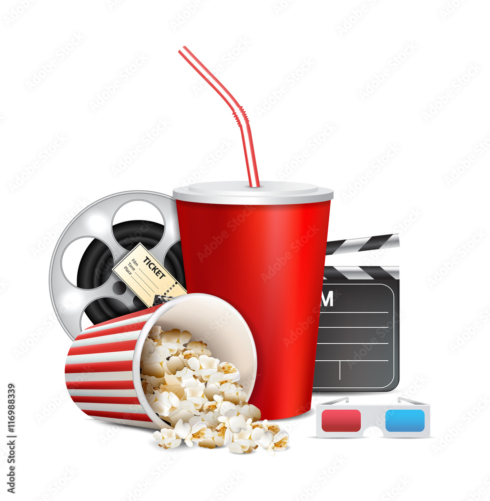 Popcorn box; disposable cup for beverages with straw, film strip