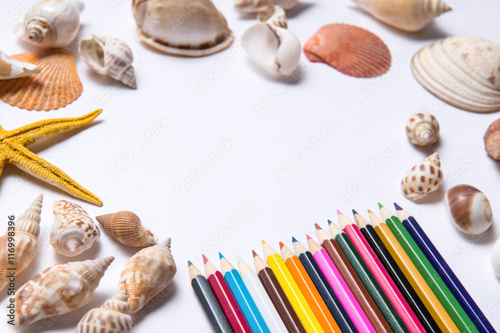 Abstract colorful pencils and starfish on white