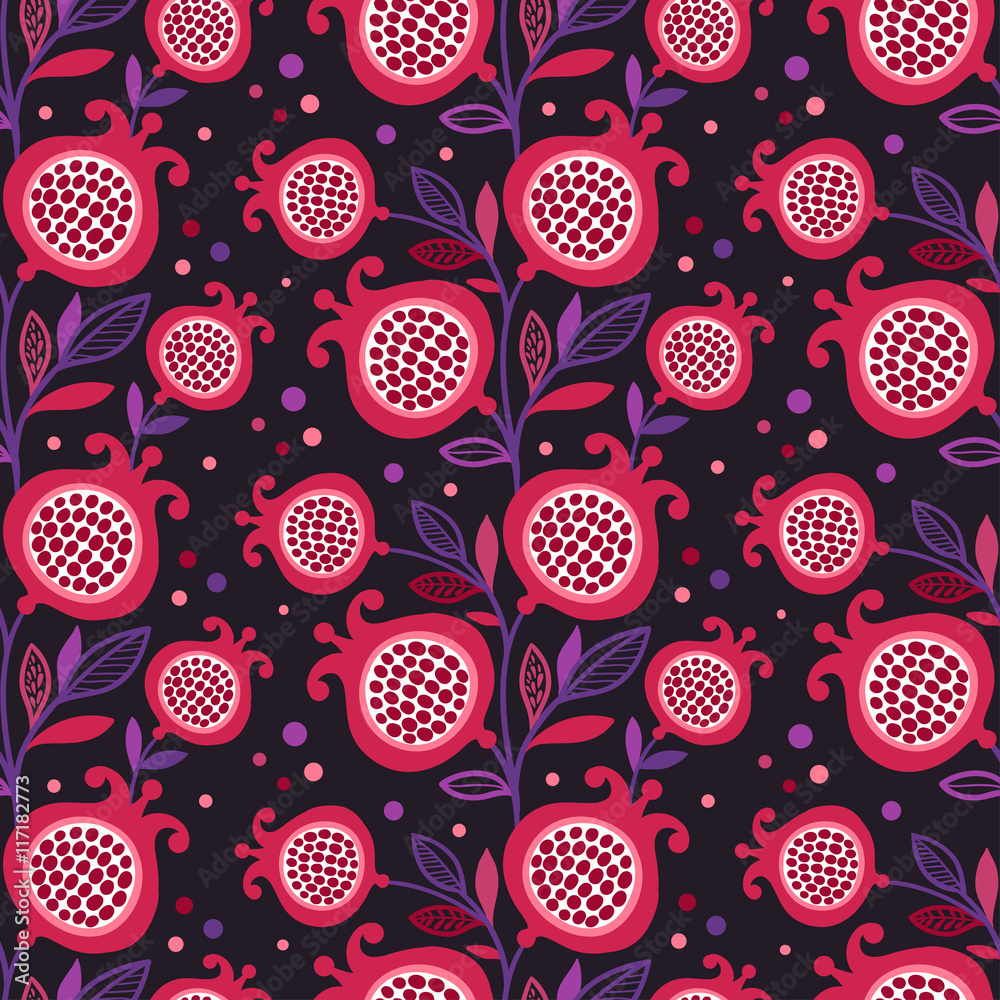 Vector seamless pattern with red pomegranate fruit on a black background. Vector Illustration with f