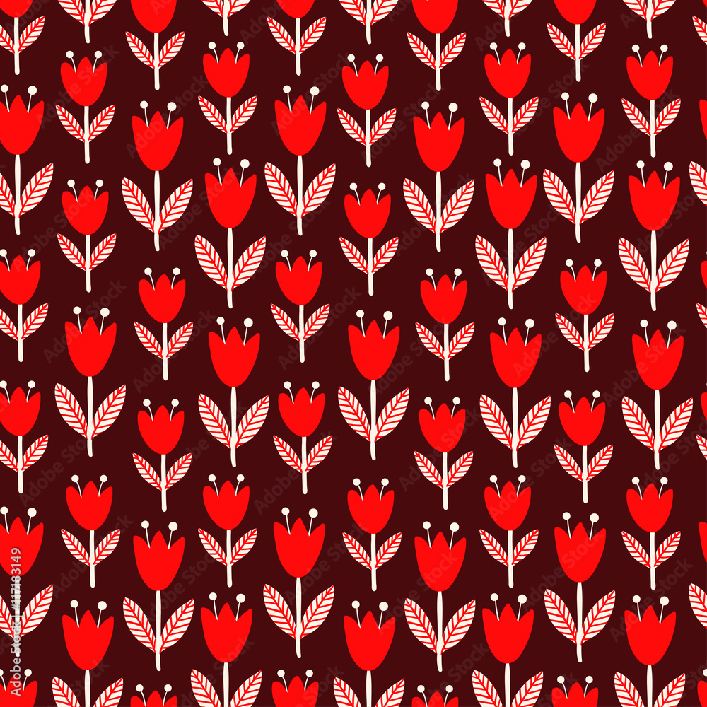 Vector seamless illustration with tulips on a dark background. Red and white flowers. Floral pattern