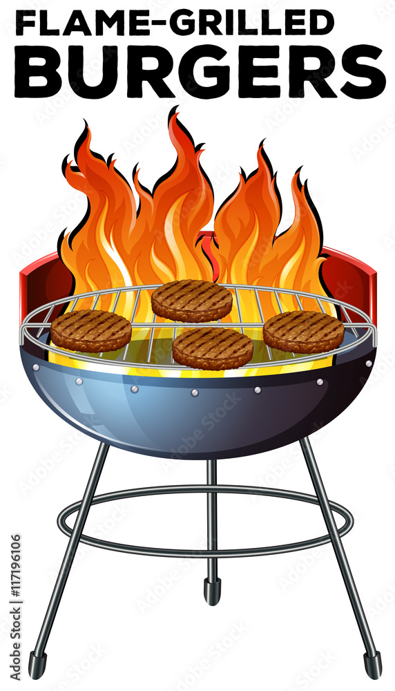 Burger cooking on the flame-grilled