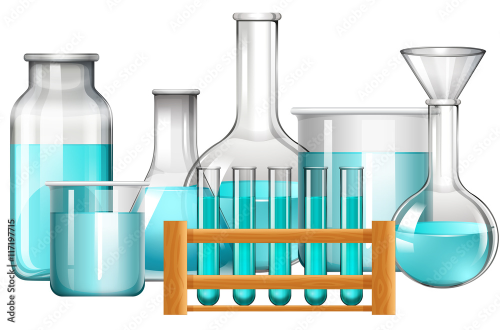 带蓝色液体的玻璃烧杯和试管