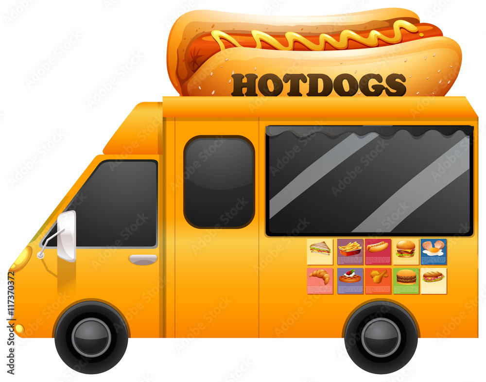 Yellow food truck with giant hotdogs