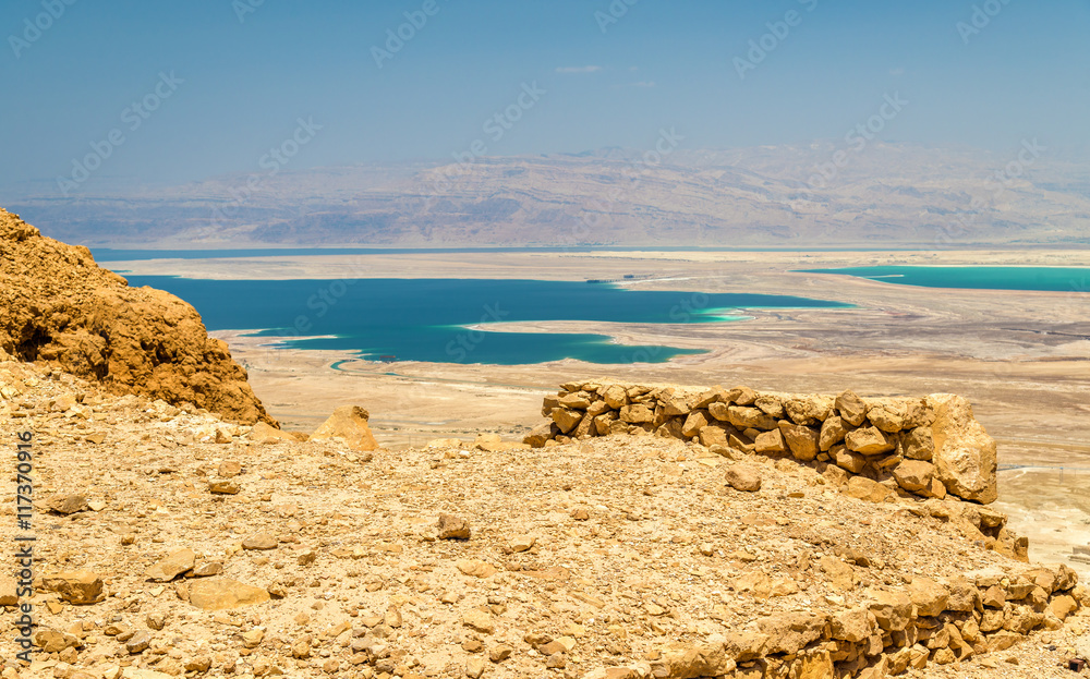 Ruins of Masada fortress and Dead Sea