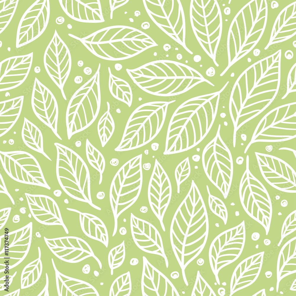 Vector seamless illustration of leaves on a green background. The pattern of leaves.