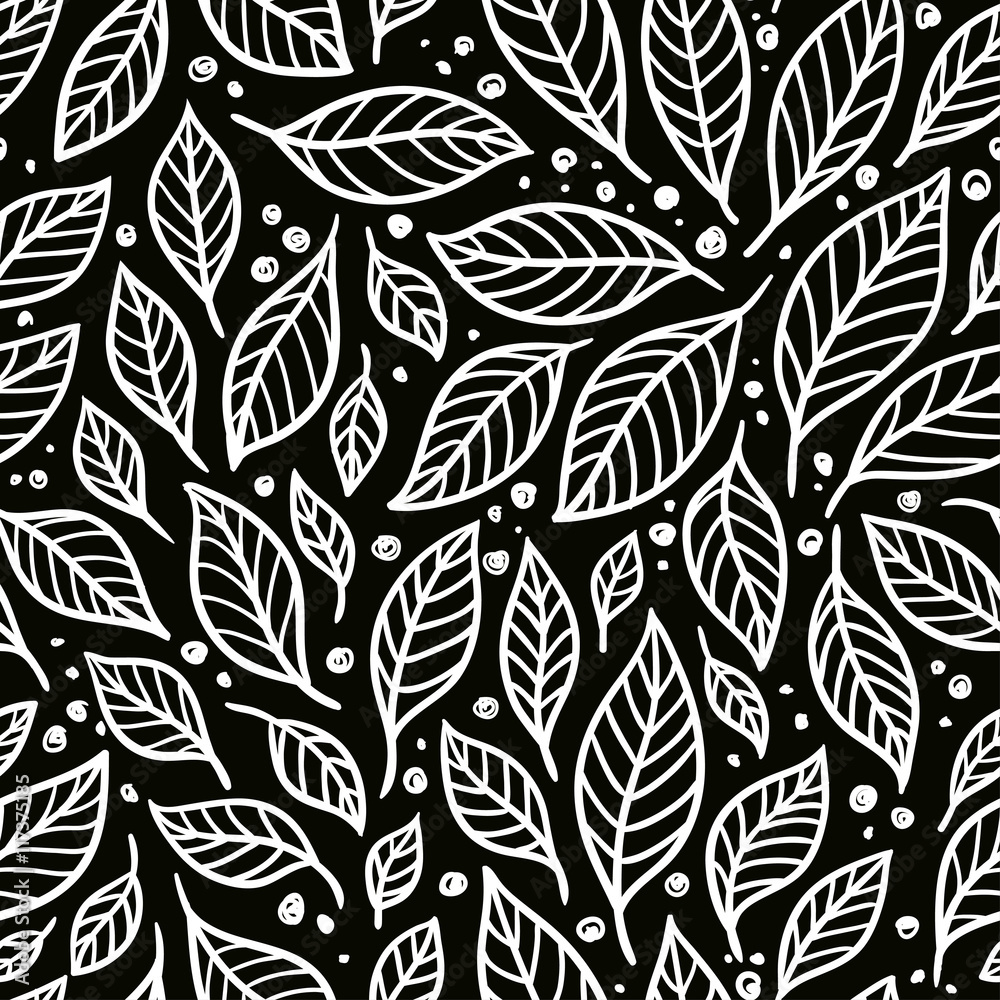 Vector seamless pattern of leaves on a black background. Black and white floral pattern.