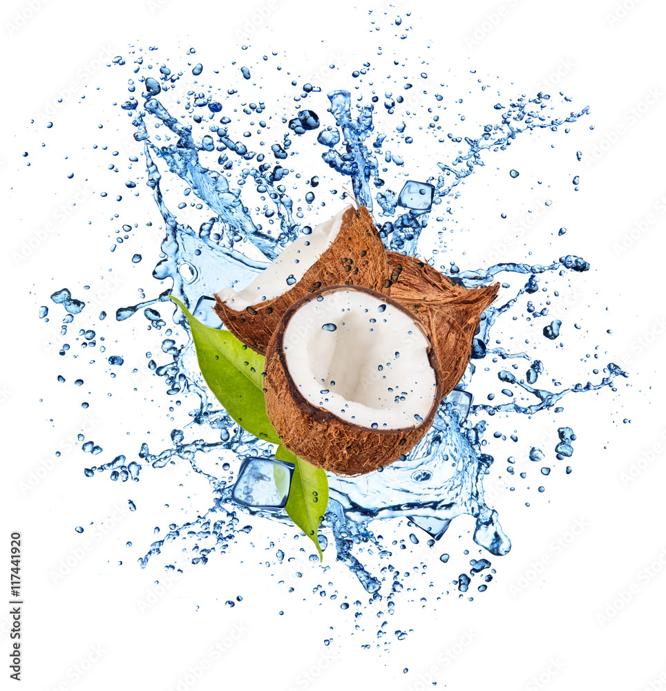 Coconuts in water splash on white background