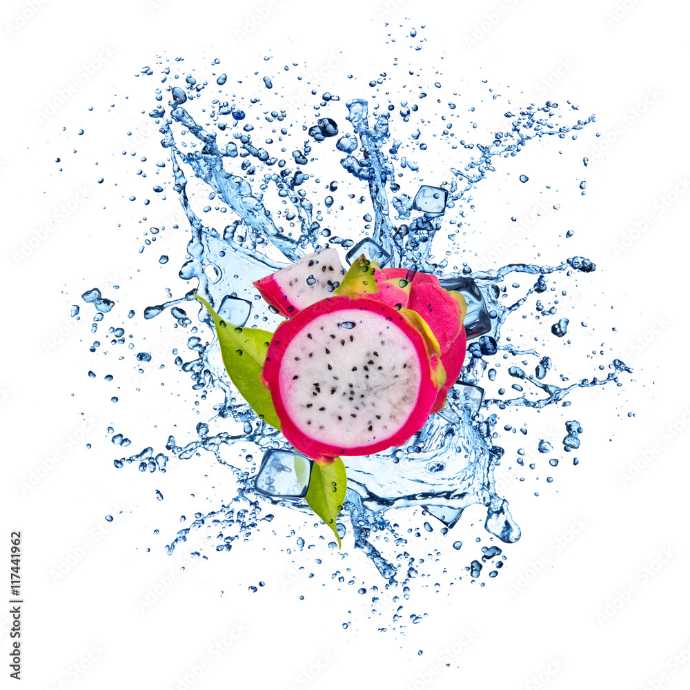 Dragon fruit in water splash on white background