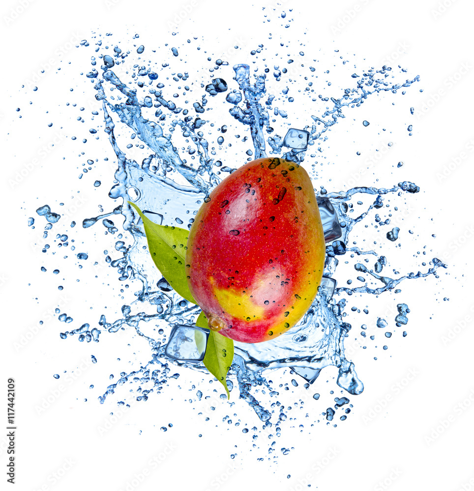 Mango in water splash on white background