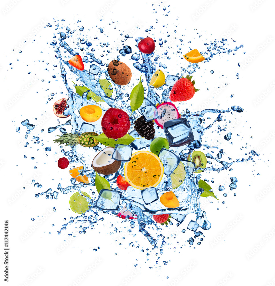 Fruit in water splash on white background