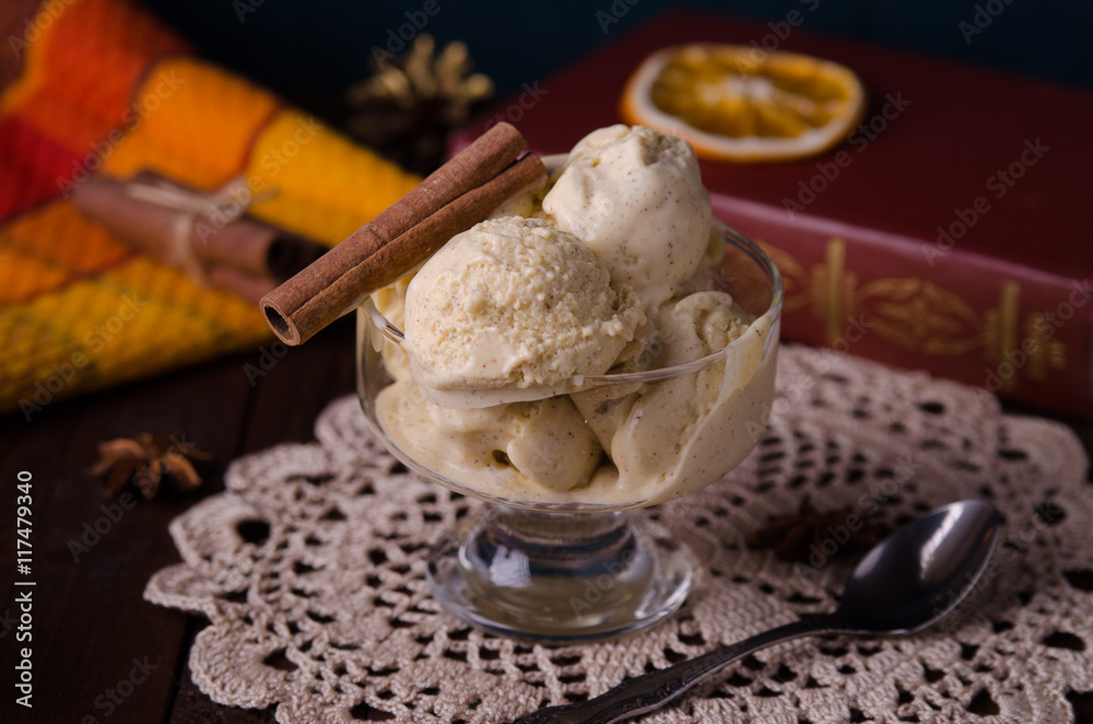 Homemade organic Eggnog Ice Cream with cinnamon and spices. Selectiv focus.