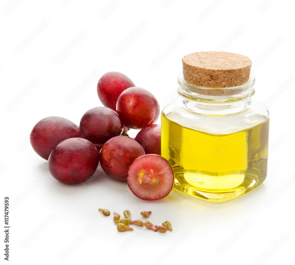 Grapes seeds oil isolated on white background with clipping path. Front view.