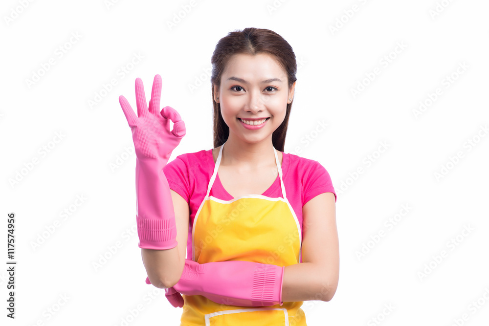 Smiling young cleaning asian lady with pink rubber gloves