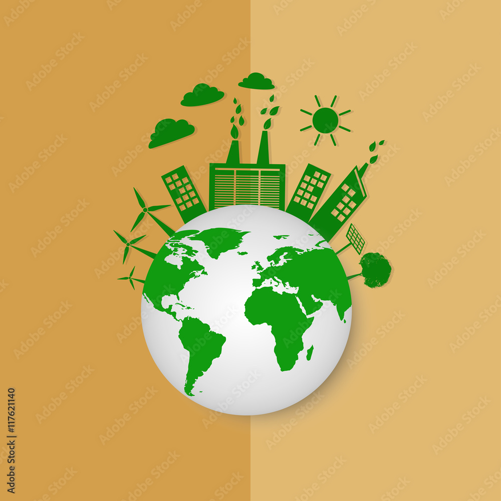 Eco friendly concept, Green city save the world with Paper colour background, vector illustration