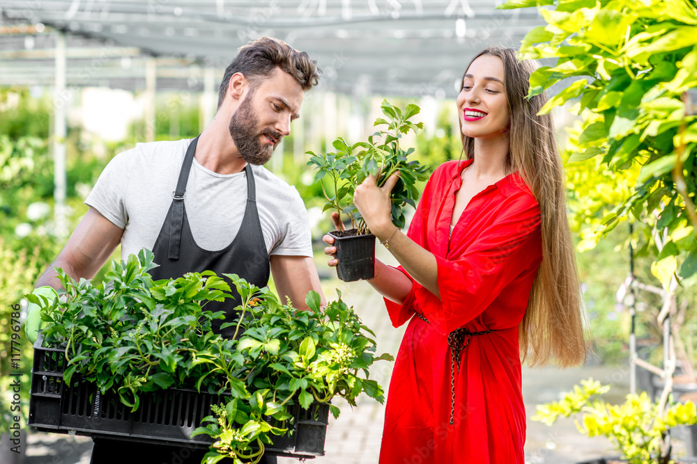 英俊的卖花人站在植物店里帮女买家选花。顾客