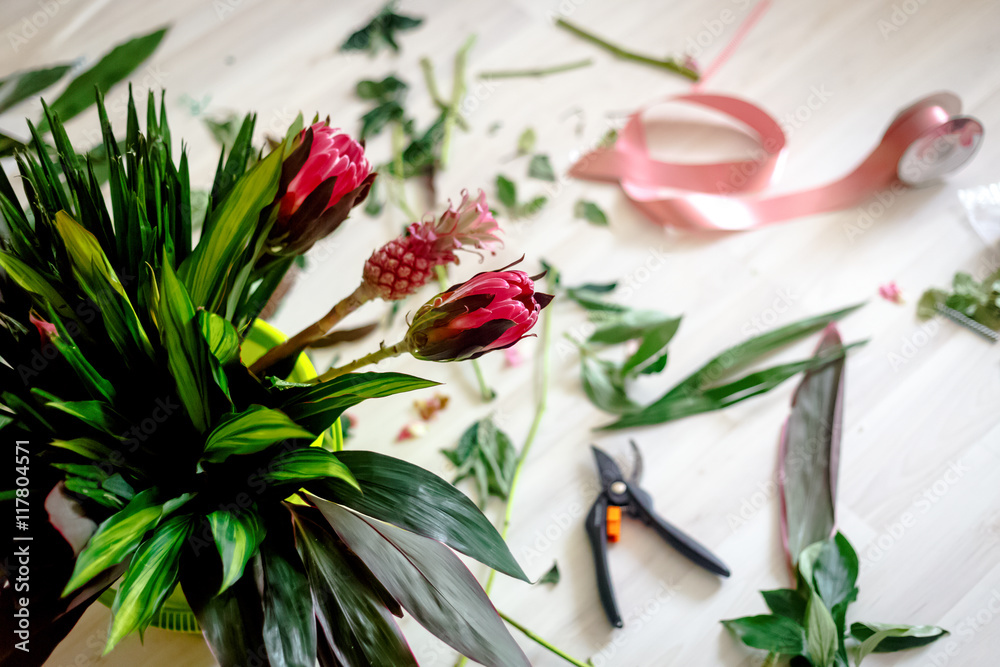 Red flowers in workshop