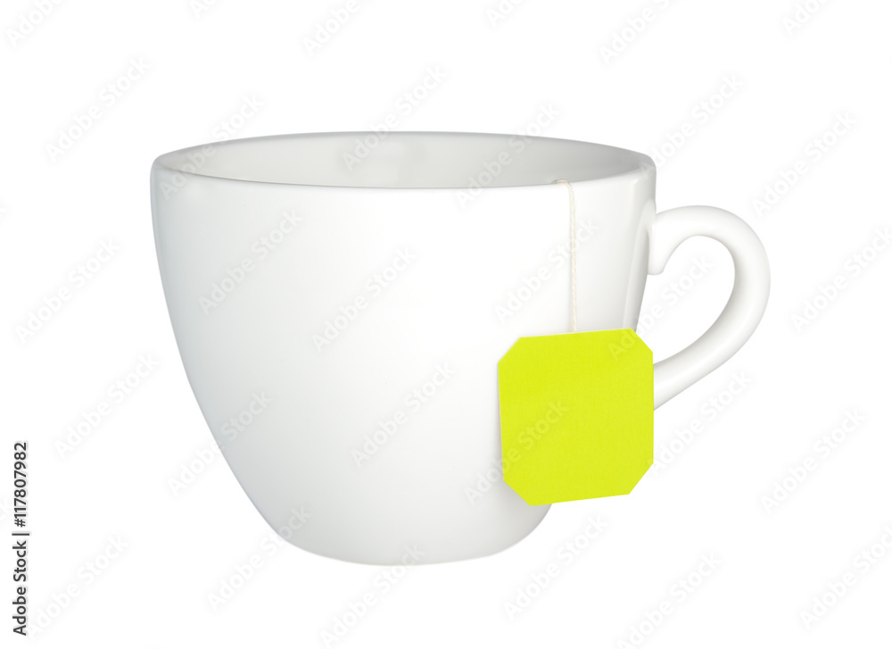 Cup of tea with tea bag (blank label) isolated on white background