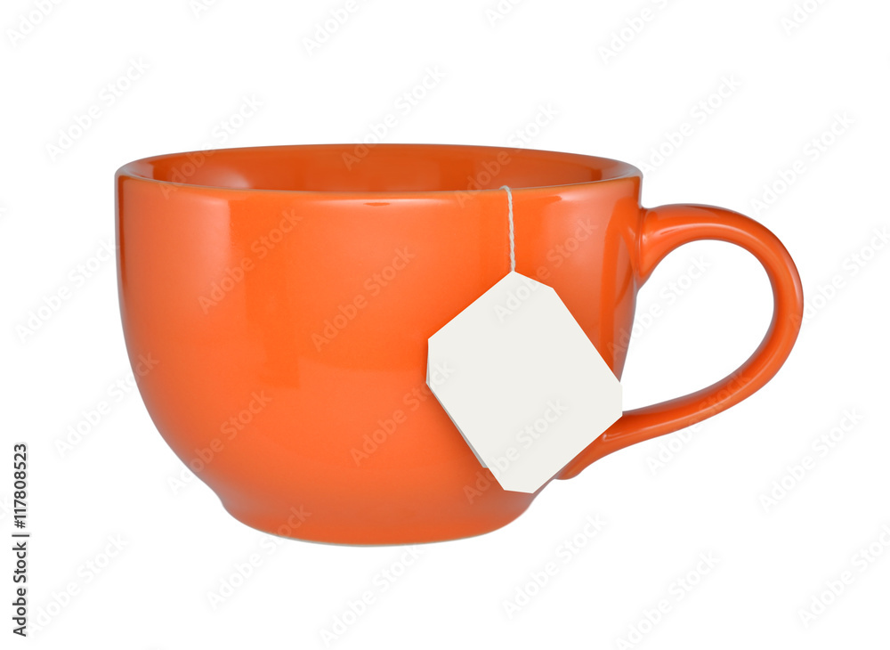 Cup of tea with tea bag (blank label) isolated on white background