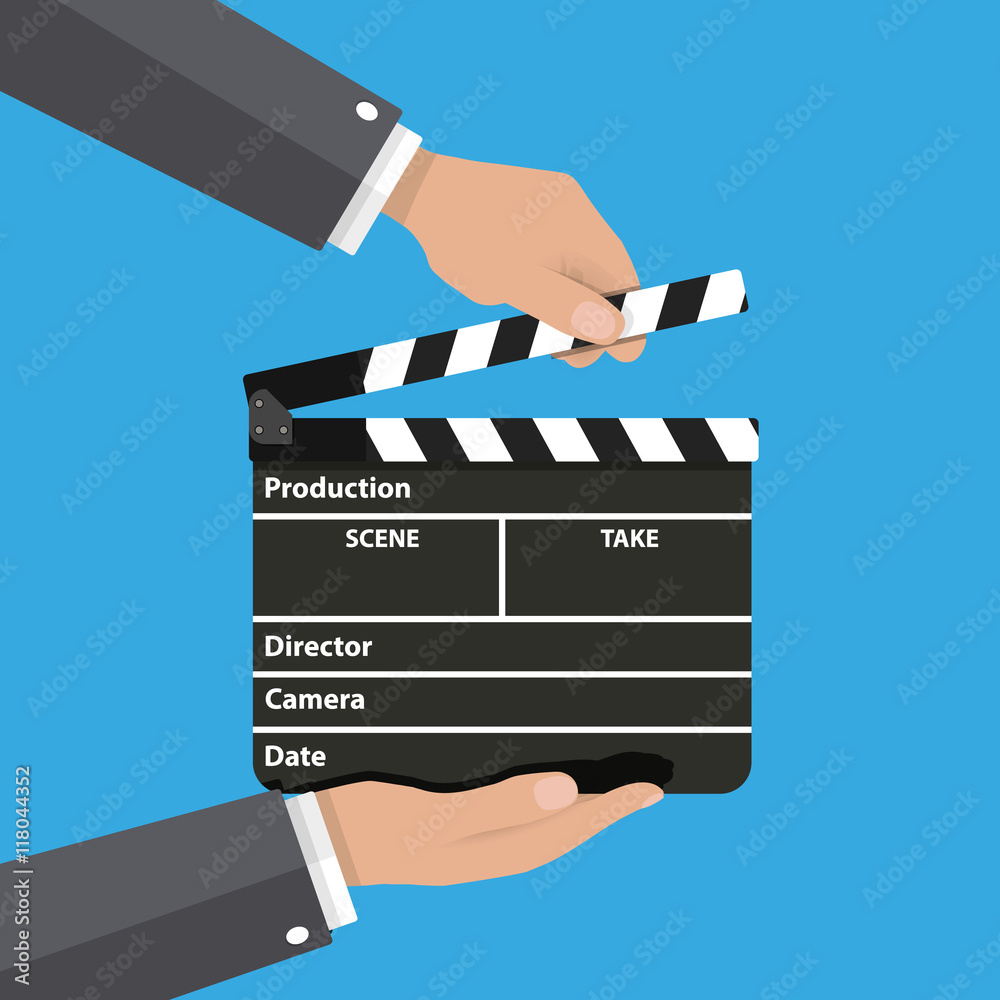 Black opened clapperboard in hands.