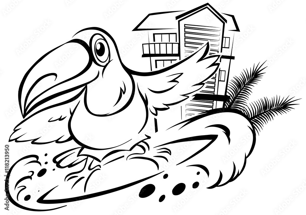 Doodle design with toucan on surfboard