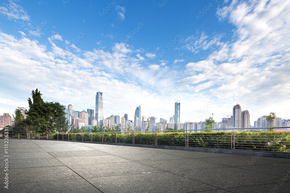 cityscape and skyline of chongqing in sunny day from empty floor