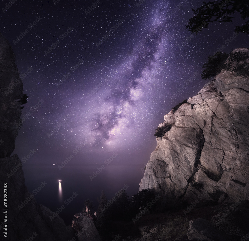 银河系。美丽的夜景，有岩石、大海和星空。自然背景