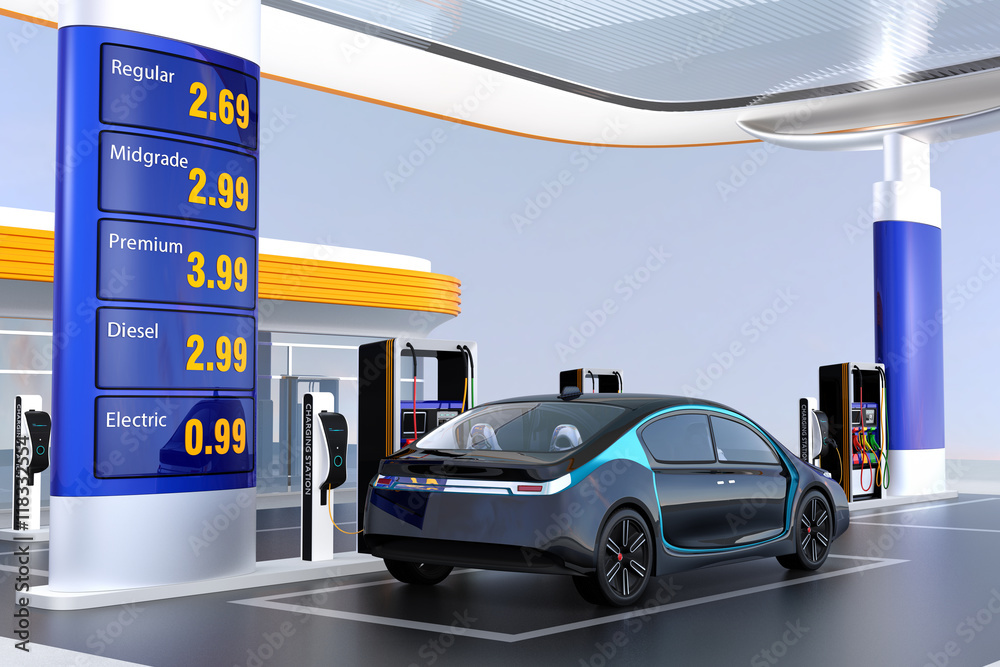 Electric vehicle charging at charging station. The station also supply petrol and diesel. 3D renderi