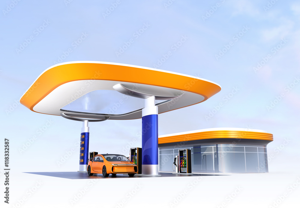 Contemporary EV charging station and gas station design for new energy supply concept. 3D rendering 