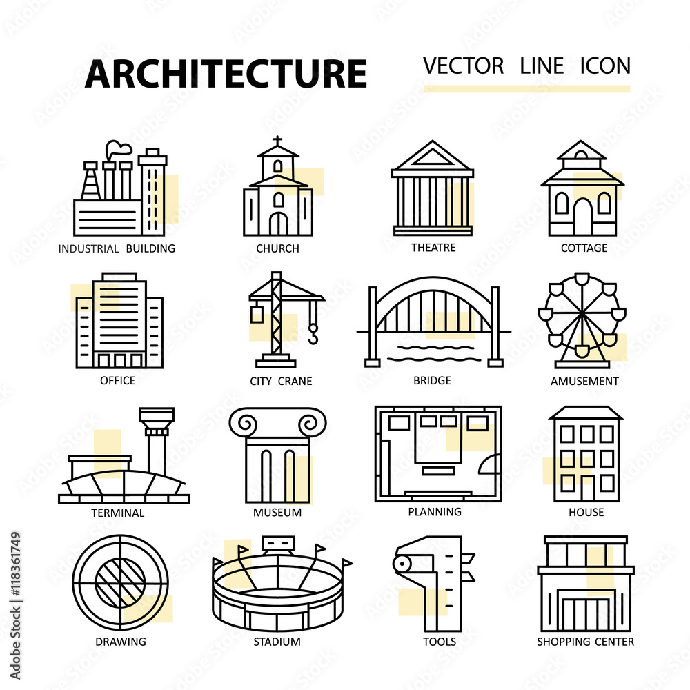 一组具有建筑元素的现代线性图标。