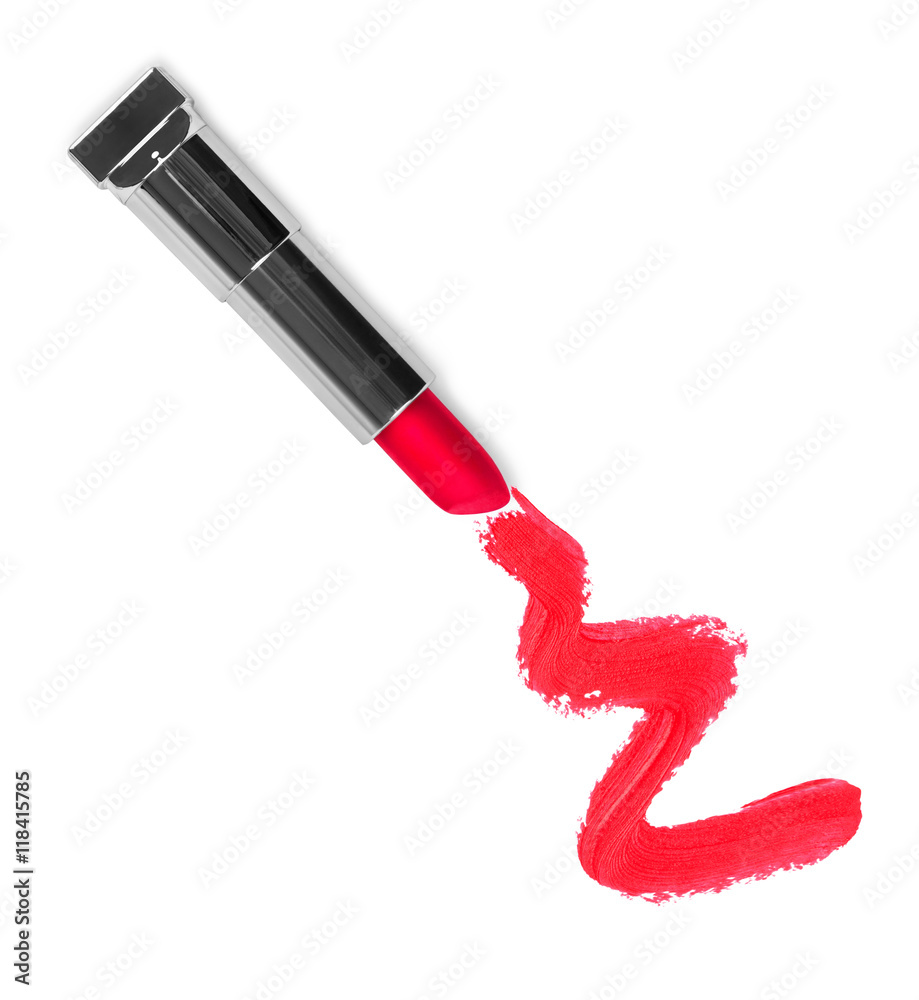 red lipstick with trace on white background