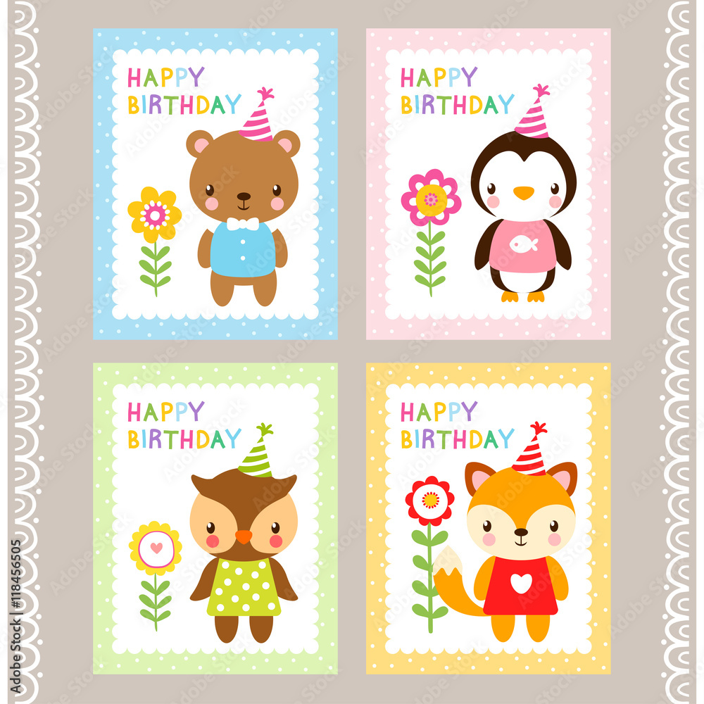 Holiday stamps with animals. Cards with animals in cartoon style. Vector illustration of children s 