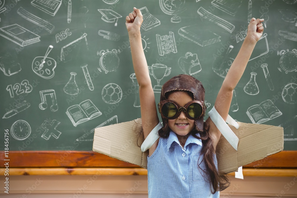 Composite image of young girl pretending to fly