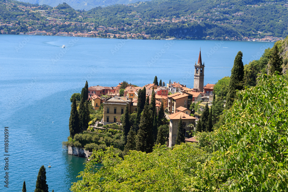 Panorama of lakeside village Varenna at Lake Como with mountains in Lombardy, Italy