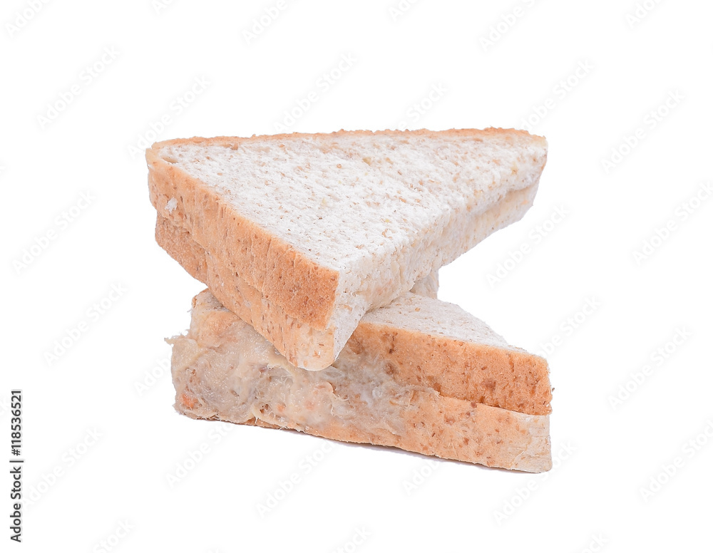 Tuna sandwich with whole wheat bread on white background