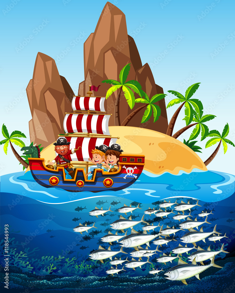 Scene with pirate ship and fish in the sea