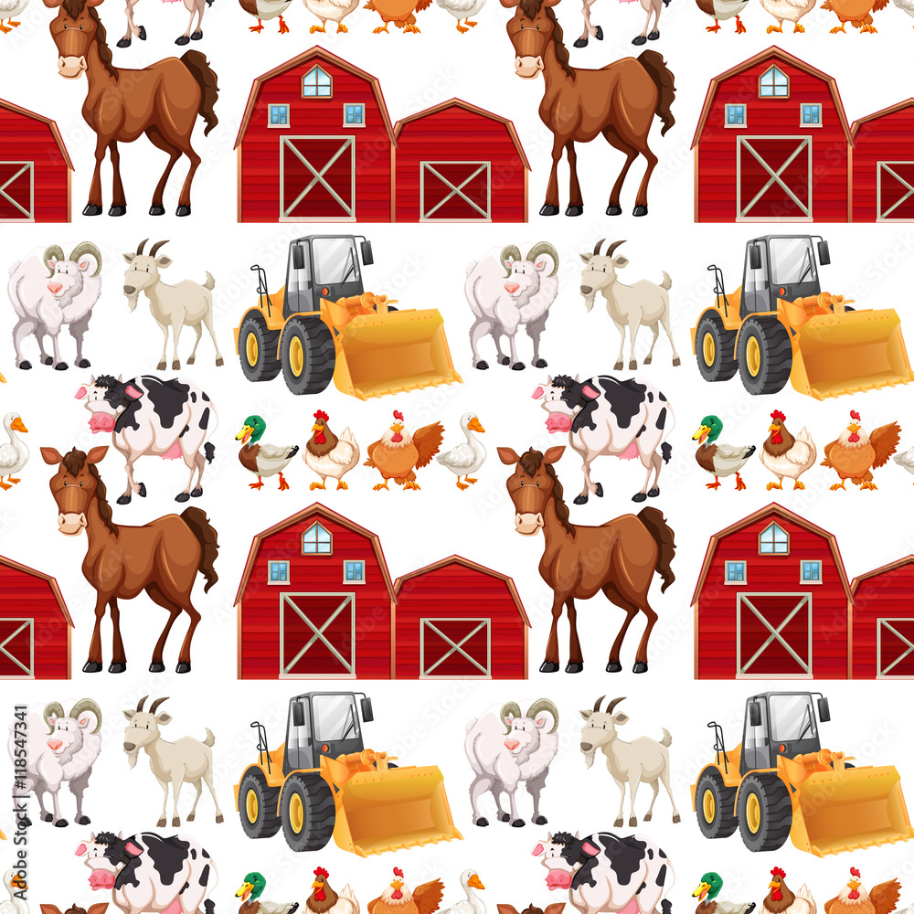 Seamless background with farm animals and barns