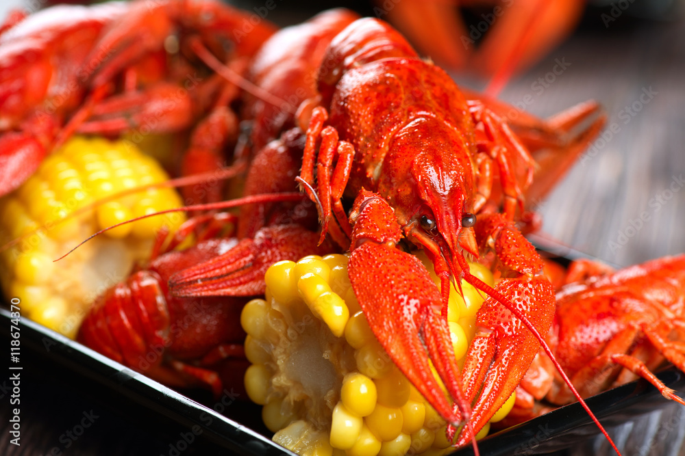 Crayfish. Creole style crawfish boil serving with corn and potato