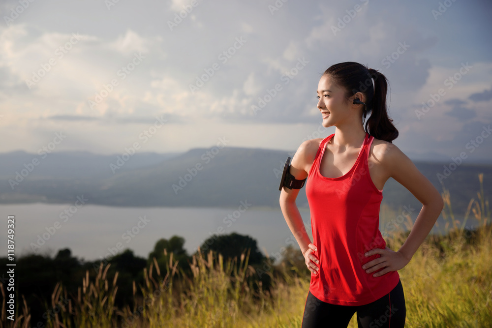 Asian women are relaxing out of the running exercise. She is loo