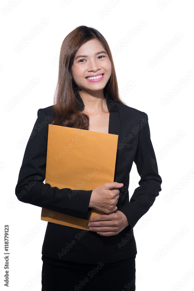 Young business woman. Isolated on white background.