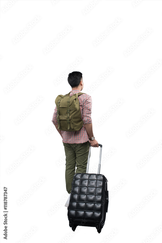 Full portrait of smiling happy man with grey suitcase - isolated