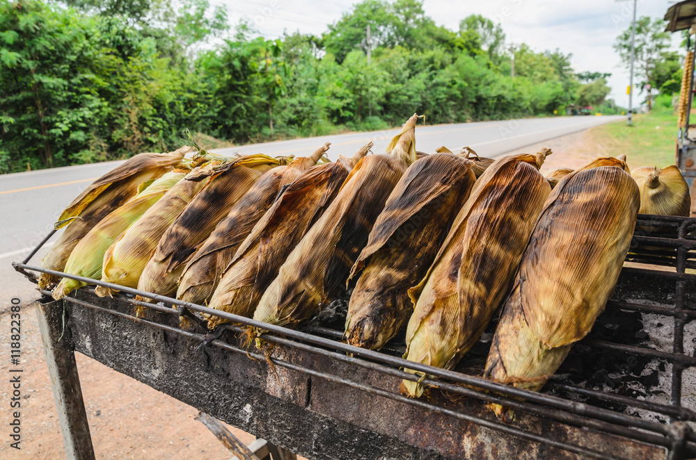 Closeup grilled corn vegetable food background on street eat for travel