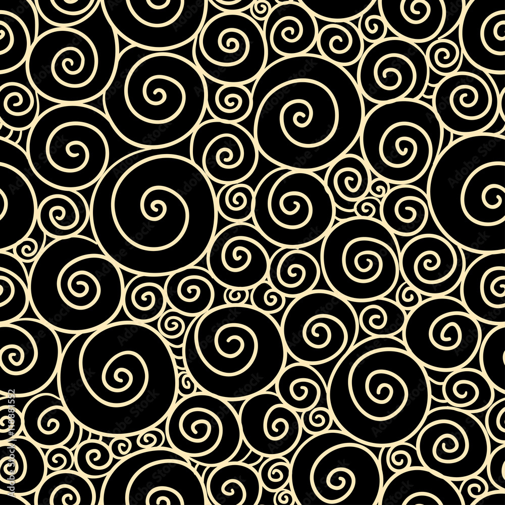 Vector seamless illustration with snails of different sizes. Funny pattern with spirals on a black b