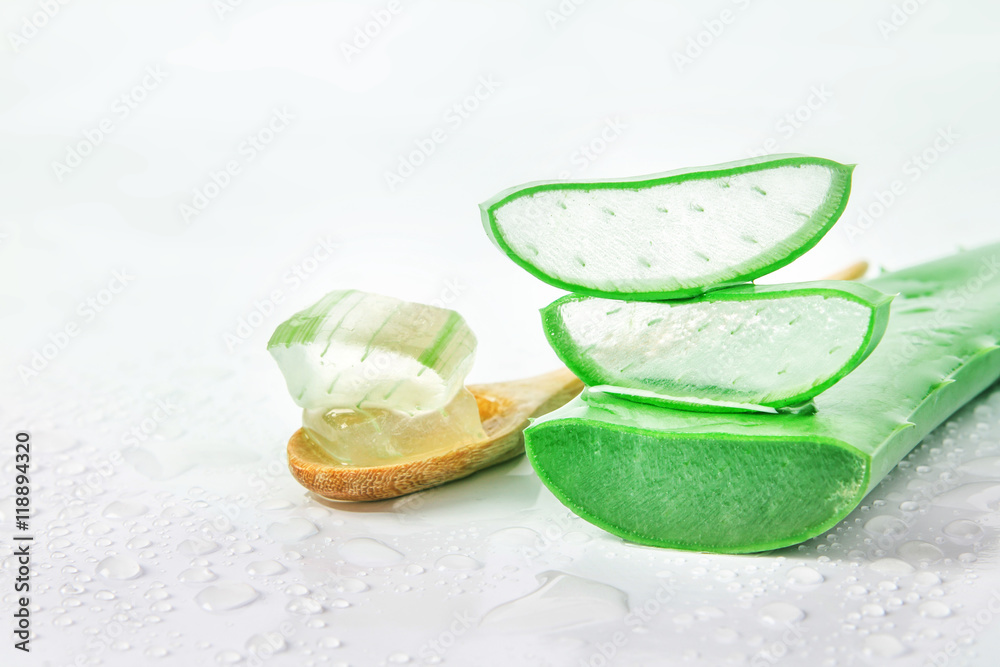 the sliced and leaf of fresh aloe vera on white background , nat