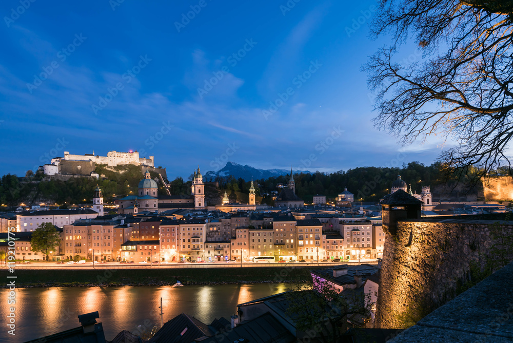 Night scene of Fortress Hohensalzburg of Salzburg